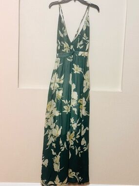 Green Floral Maxi Dress with Deep V and Spaghetti Straps